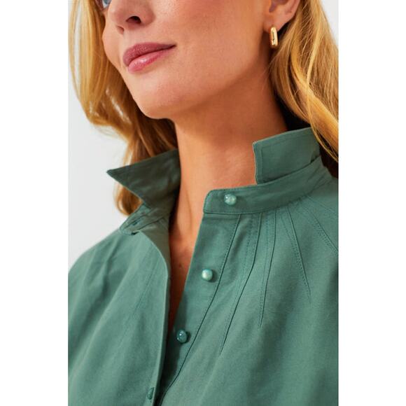 Pomander Place Size L Polly Button Neck Popover Shirt Dress Sage Green Cotton - Picture 2 of 11